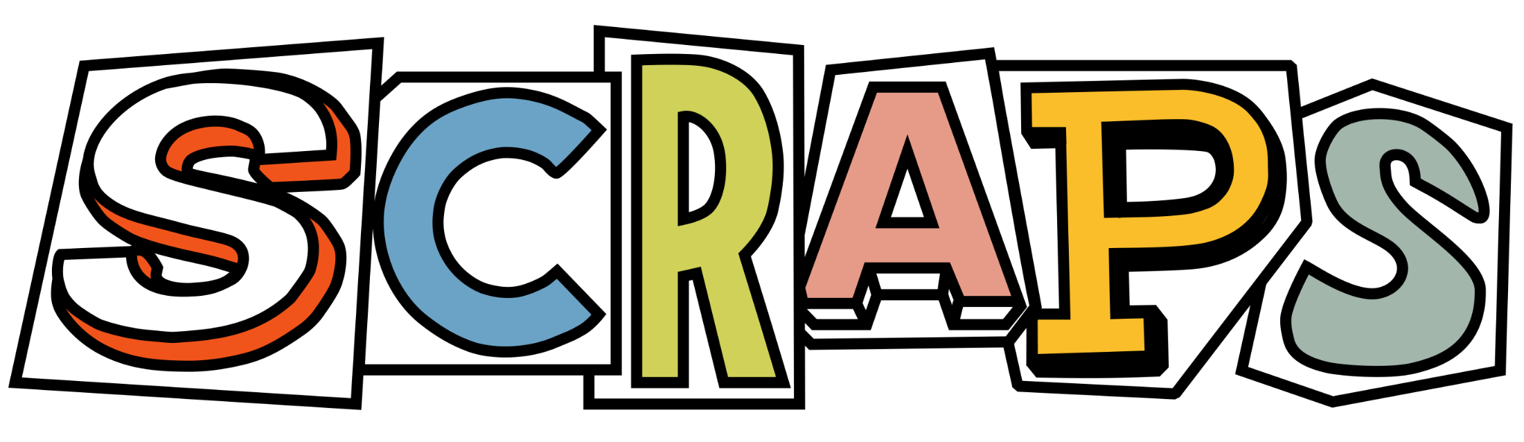 SCRAPS, as line art of mismatched letters in different fonts.