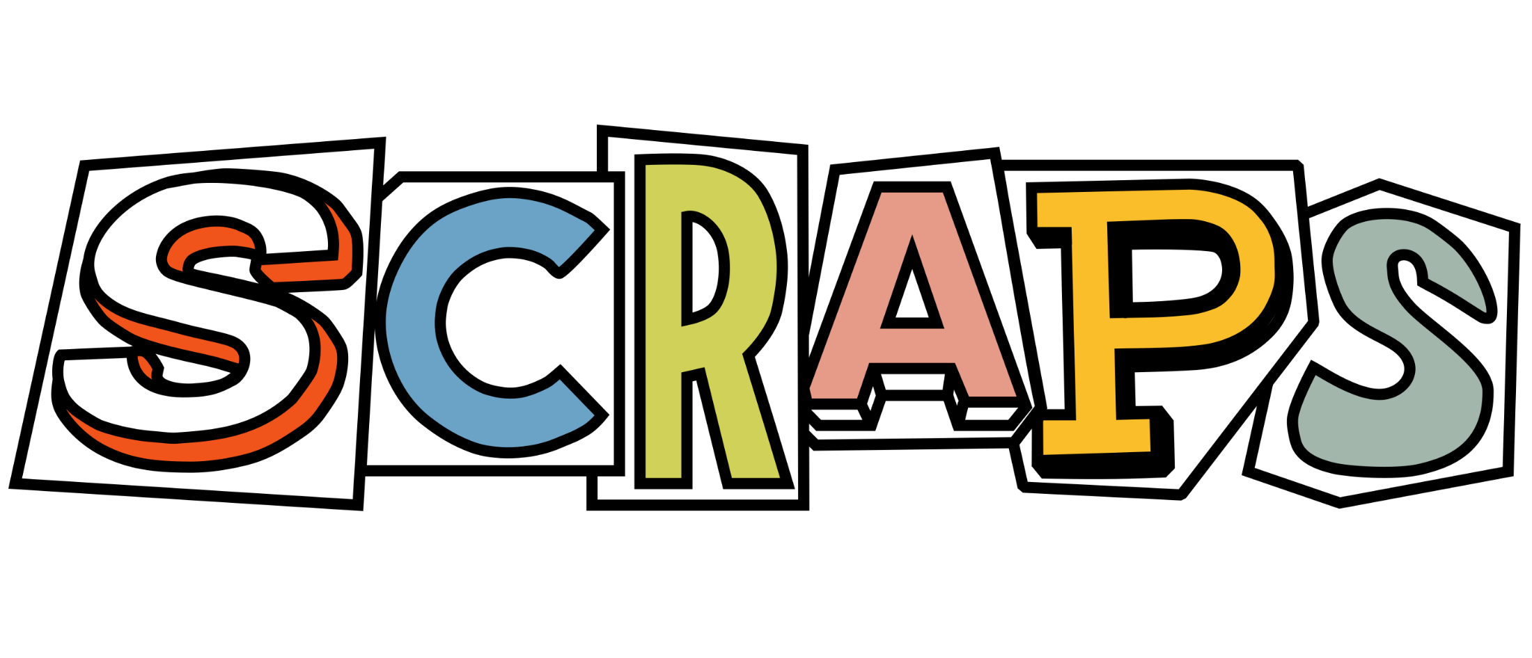 SCRAPS, as line art of mismatched letters in different fonts.